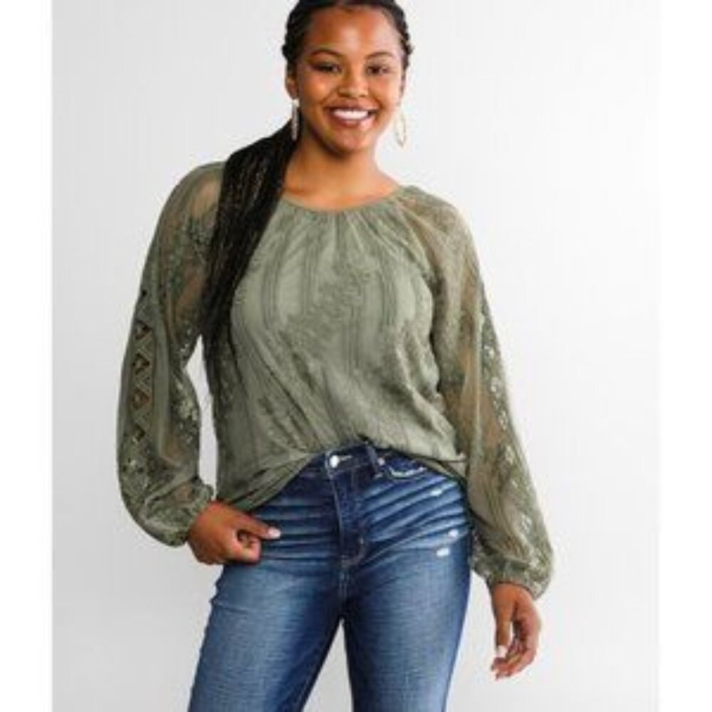 Buckle Black Floral Lace Mesh Top in Sage
